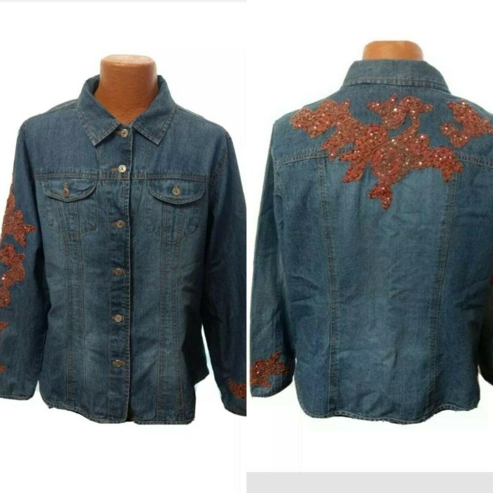 New Chico's Denim Jean Jacket Shirt Shacket Size 3 XL Embellished Western